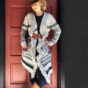 Cabi S Shetland Sweater 3701 Southwest Aztec Fringed‎ Pockets